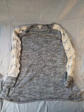 Cozy Gray Knit Top with Ivory Lace Sleeves